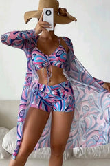 Lace-Up Boxer Pants Bikini Cover Up Three-Piece Set