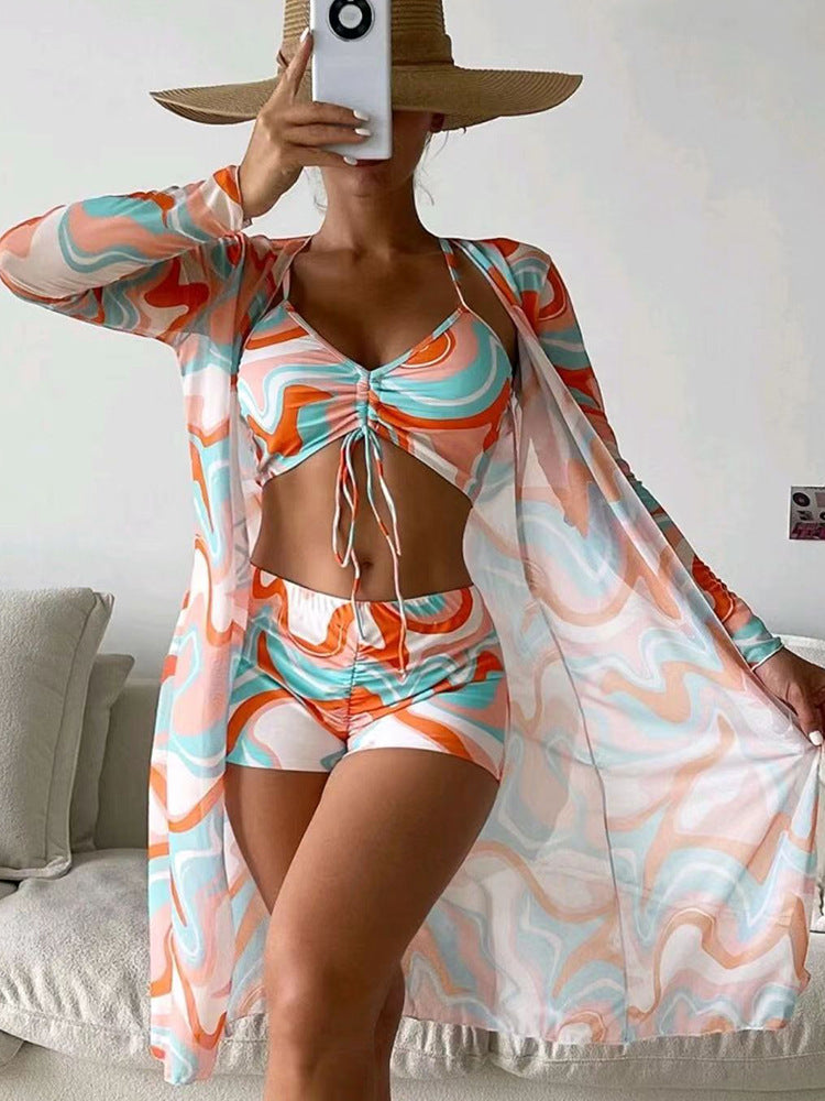 Lace-Up Boxer Pants Bikini Cover Up Three-Piece Set