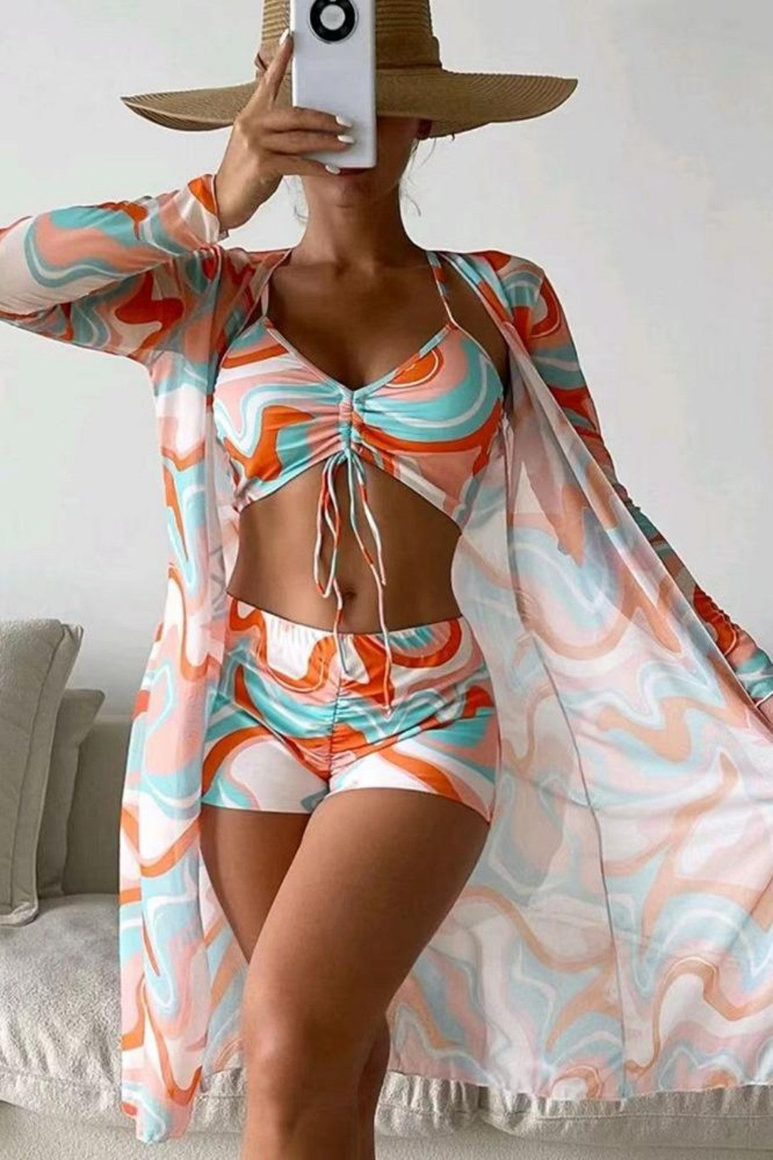 Lace-Up Boxer Pants Bikini Cover Up Three-Piece Set