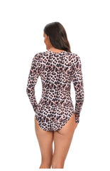 Leopard Long Sleeve Cut Out Front Zipper One Piece Swimsuit