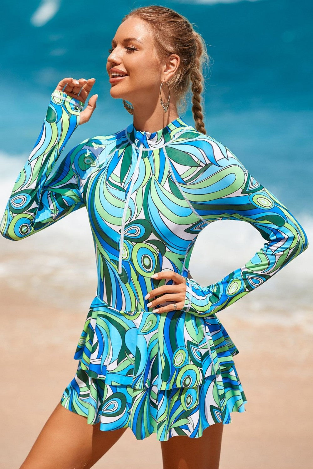 Long Sleeve Zipper Rash Guard Swimdress