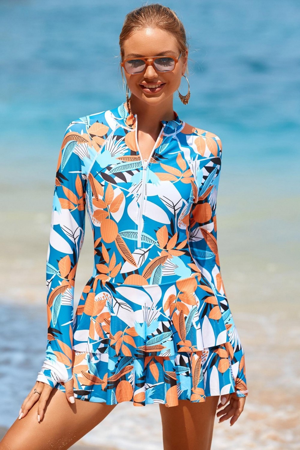 Long Sleeve Zipper Rash Guard Swimdress