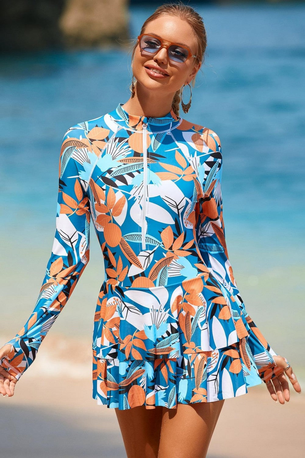 Long Sleeve Zipper Rash Guard Swimdress