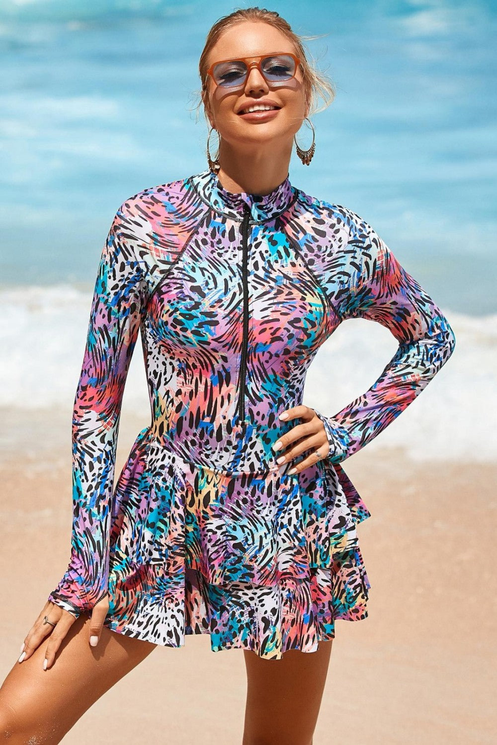 Long Sleeve Zipper Rash Guard Swimdress