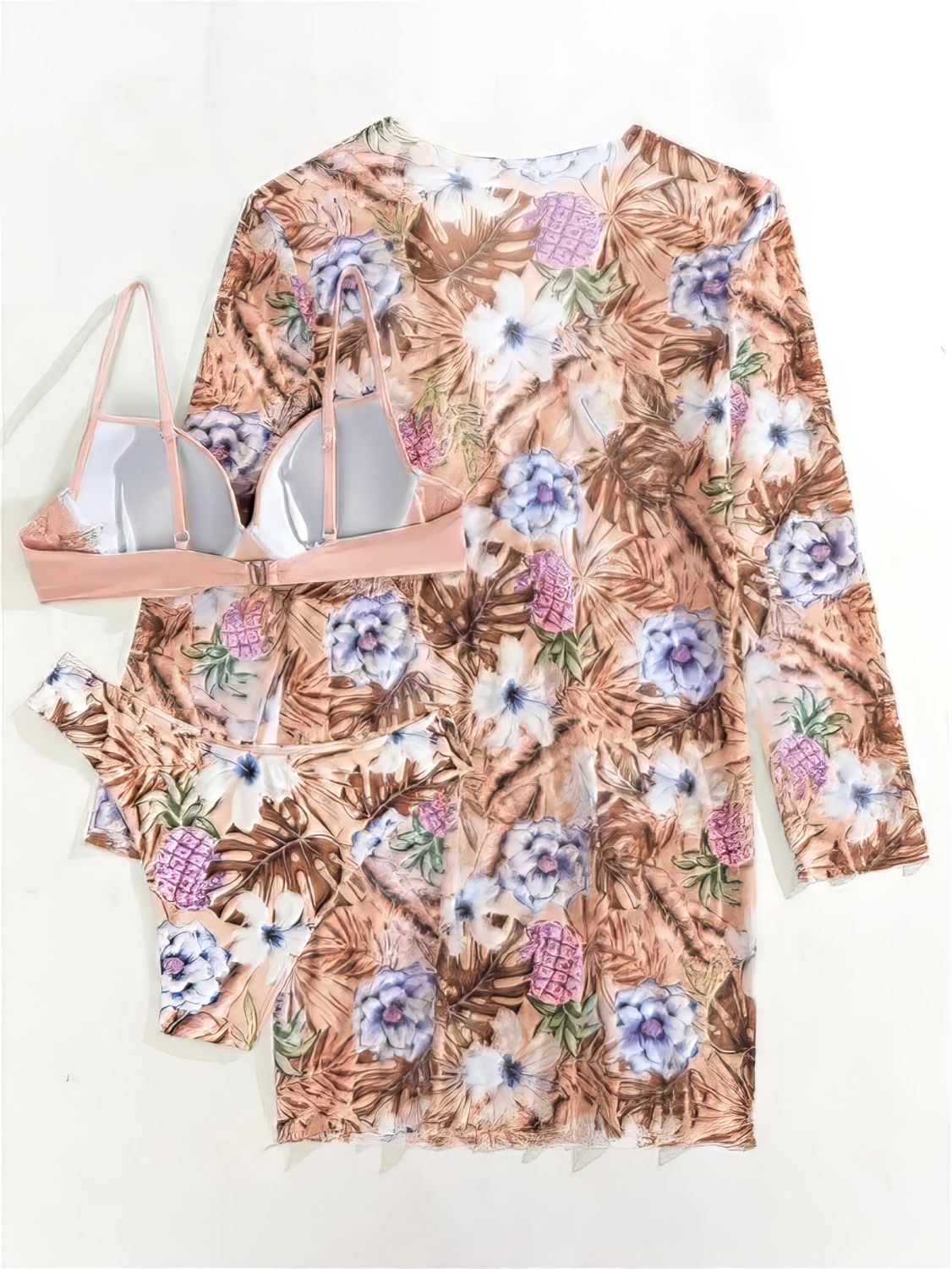 Pink-Floral-Print-Low-Waist-With-Cover-Up-Three-Pieces-Bikini-Set