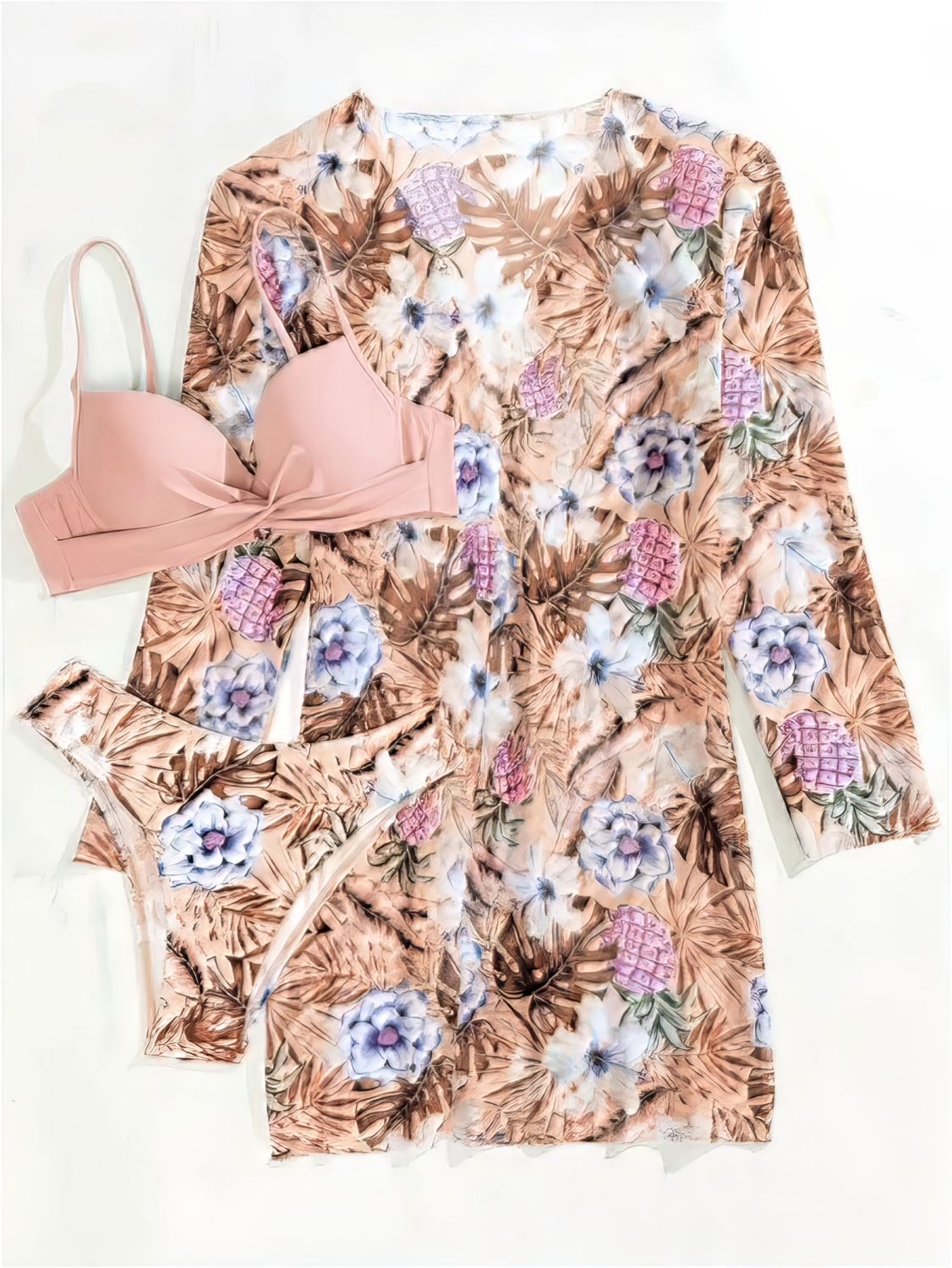 Pink-Floral-Print-Low-Waist-With-Cover-Up-Three-Pieces-Bikini-Set