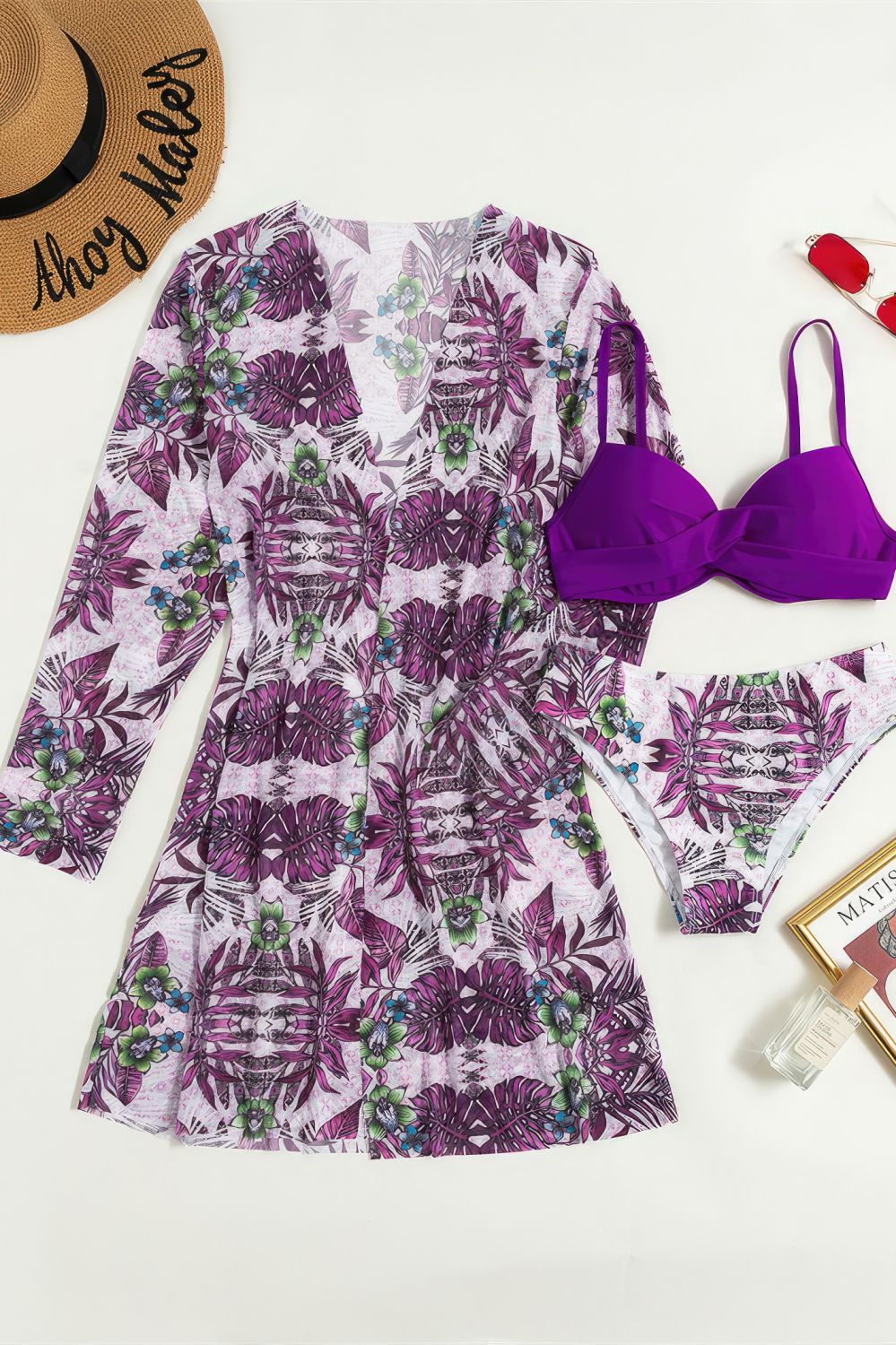 Conjunto de bikini de tres piezas con estampado floral púrpura, cintura baja y cubierta Imagen secundaria del producto