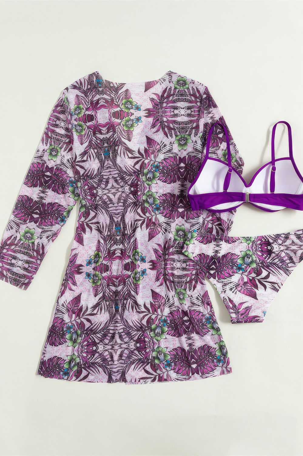Purple-Floral-Print-Low-Waist-With-Cover-Up-Three-Pieces-Bikini-Set