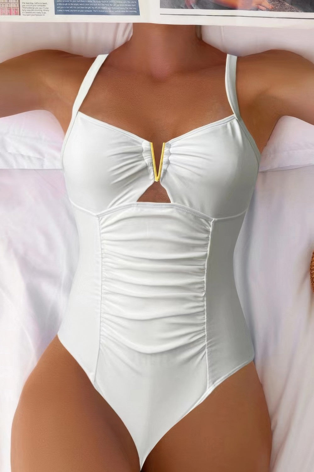 Ruched One-Piece Swimsuit With Metal V Detail