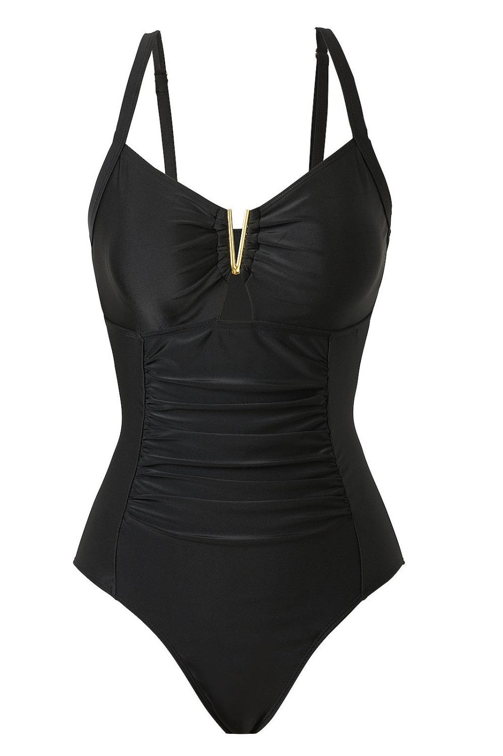 Ruched One-Piece Swimsuit With Metal V Detail
