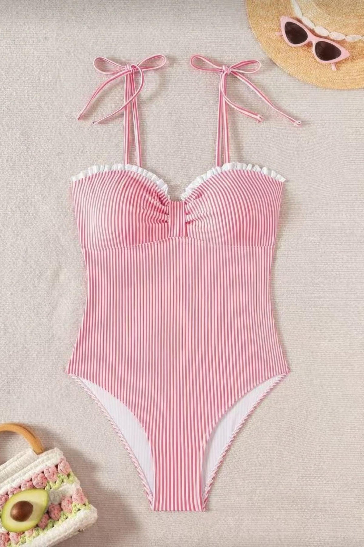 Seersucker Tie Shoulder One Piece Swimsuit