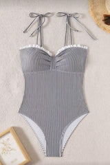Seersucker Tie Shoulder One Piece Swimsuit