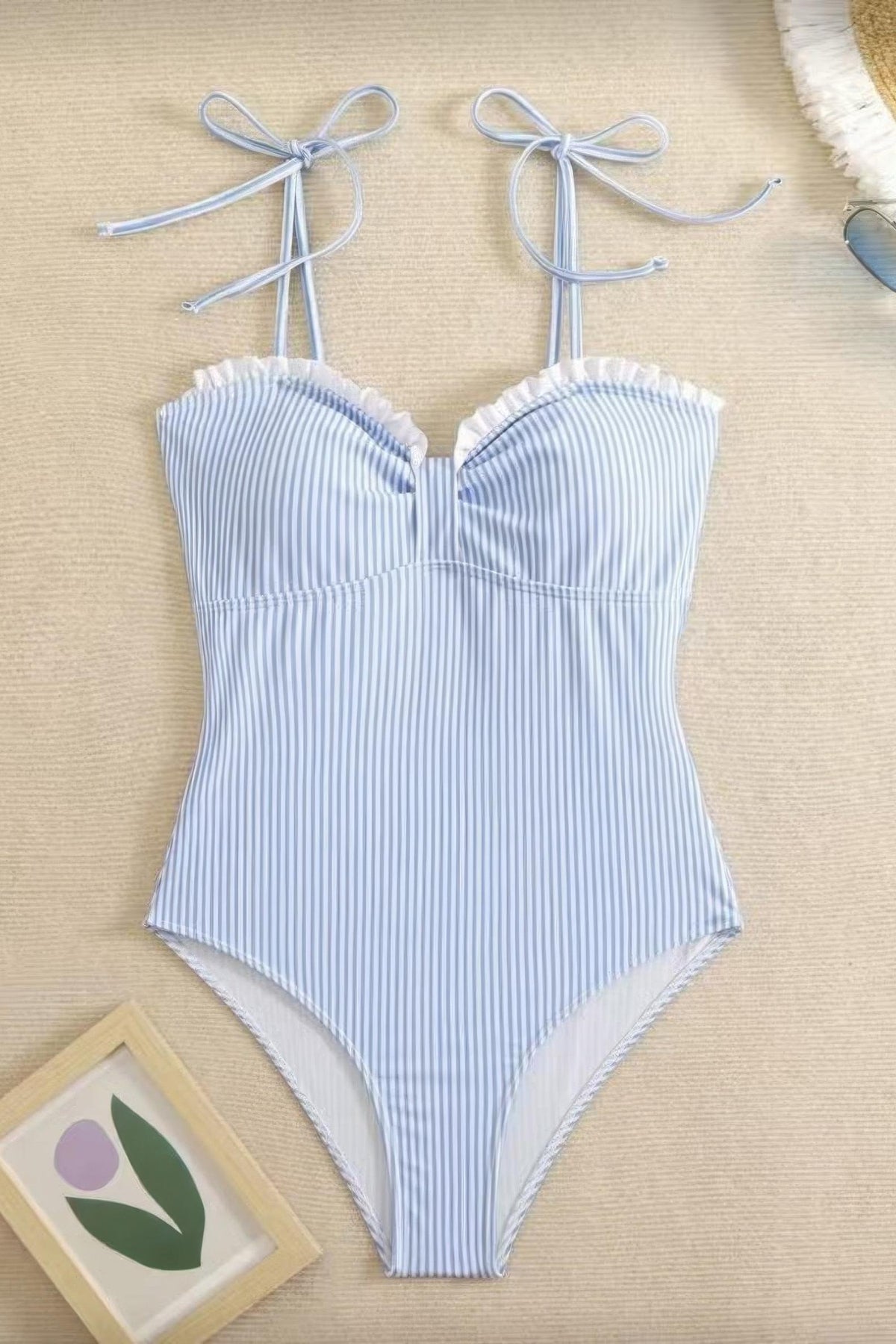 Seersucker Tie Shoulder One Piece Swimsuit