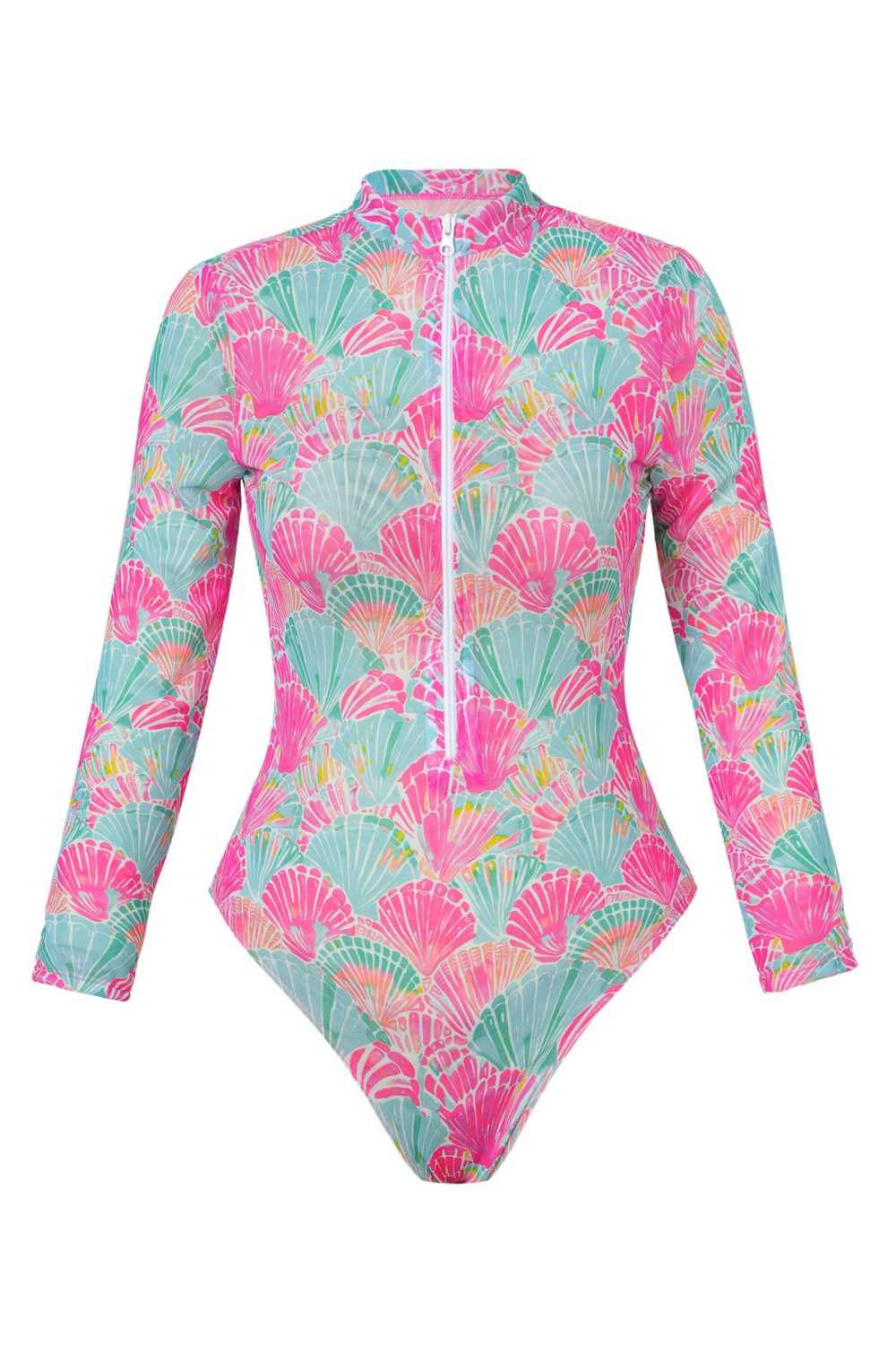 Traje de baño de una pieza con cremallera frontal impresa de concha y mangas largas para surf