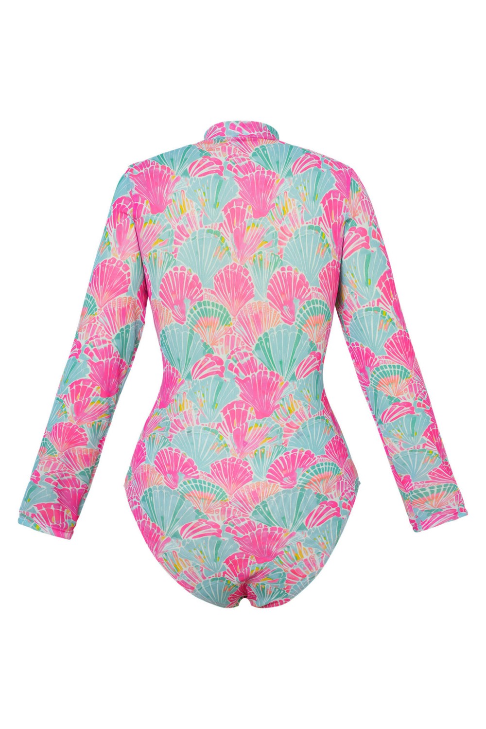 Traje de baño de una pieza con cremallera frontal impresa de concha y mangas largas para surf