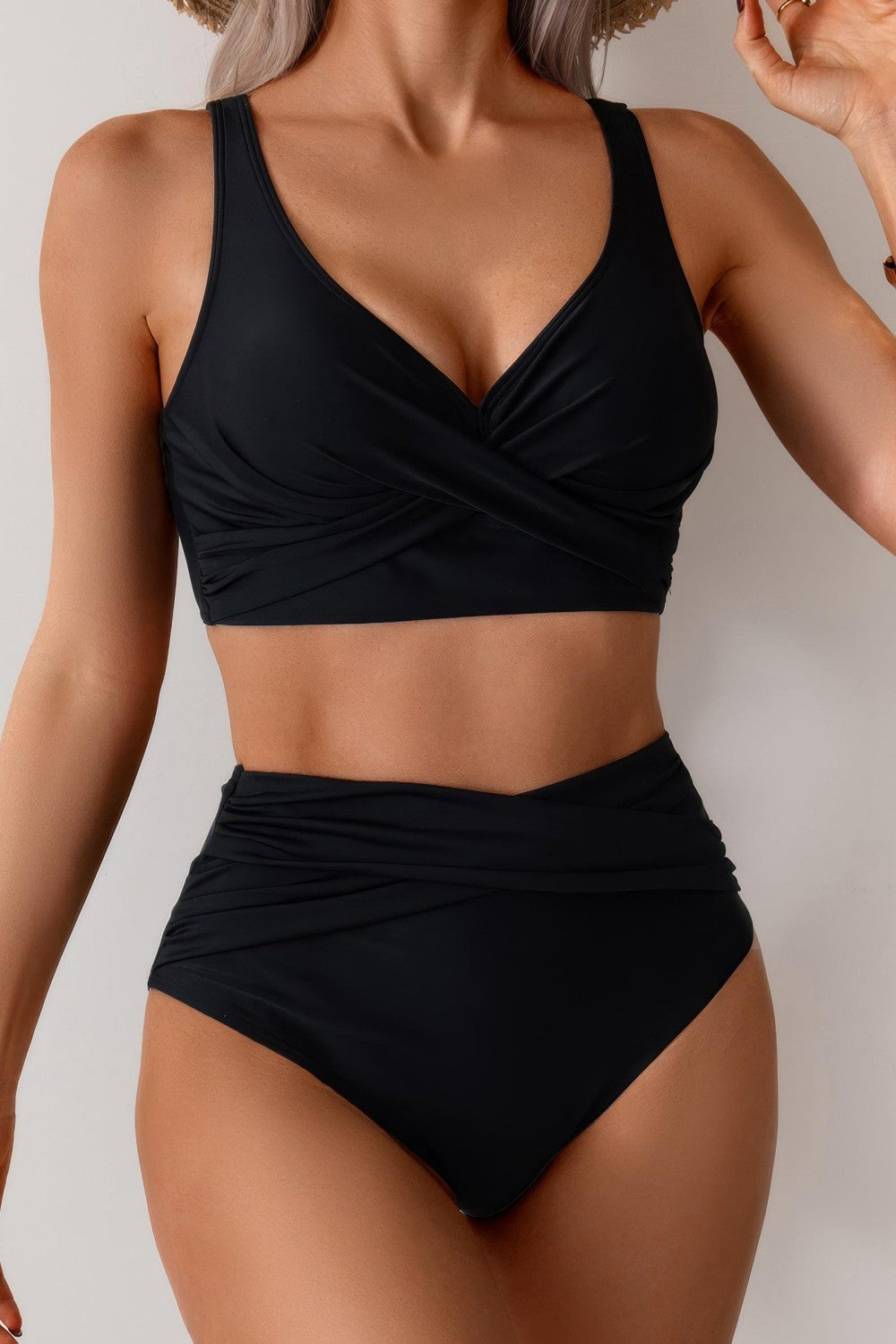 Solid Ruched High Waist Cross Push Up Two Piece Swimsuit メイン画像