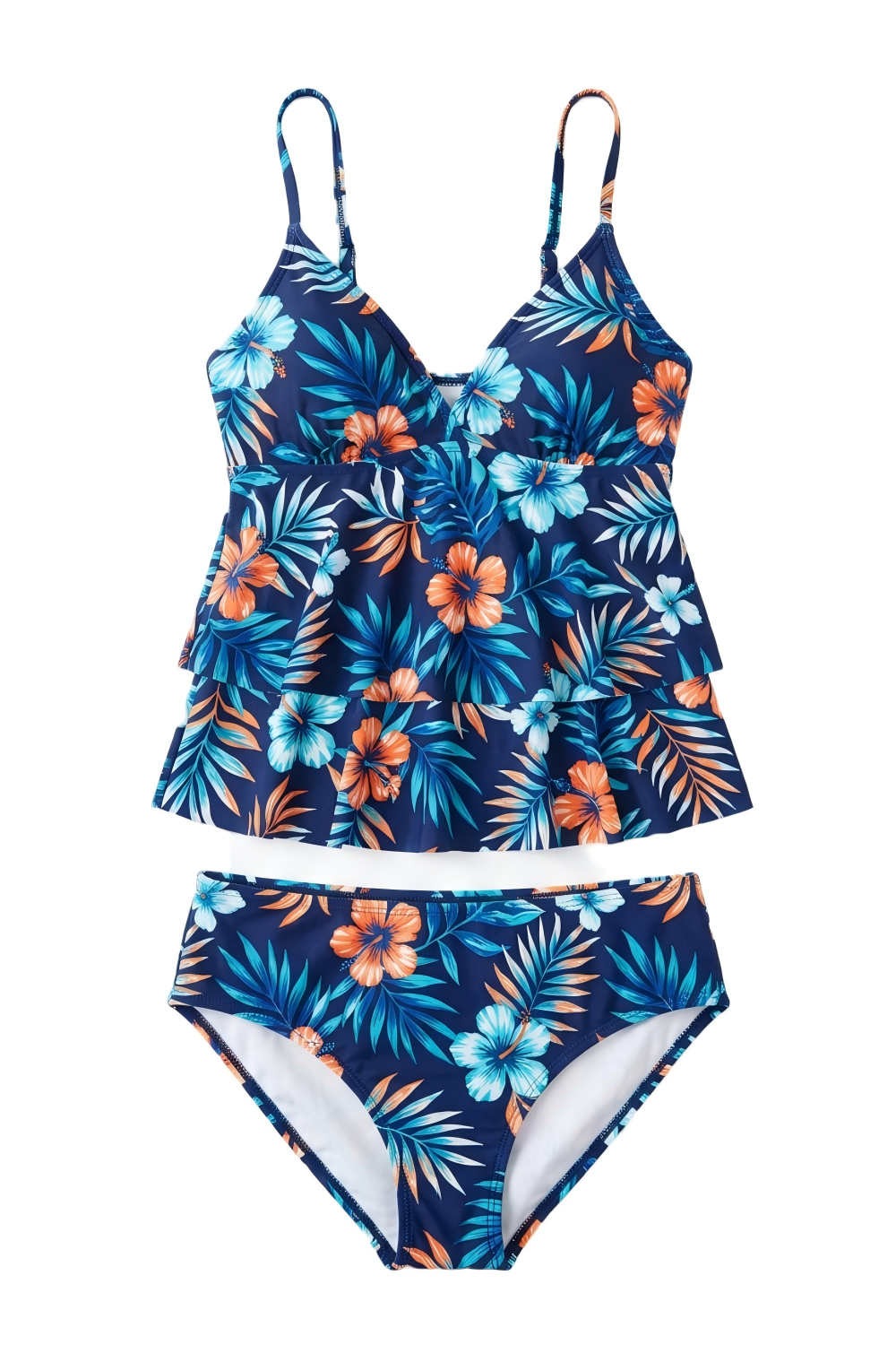 Two-piece swimsuit with tropical floral pattern