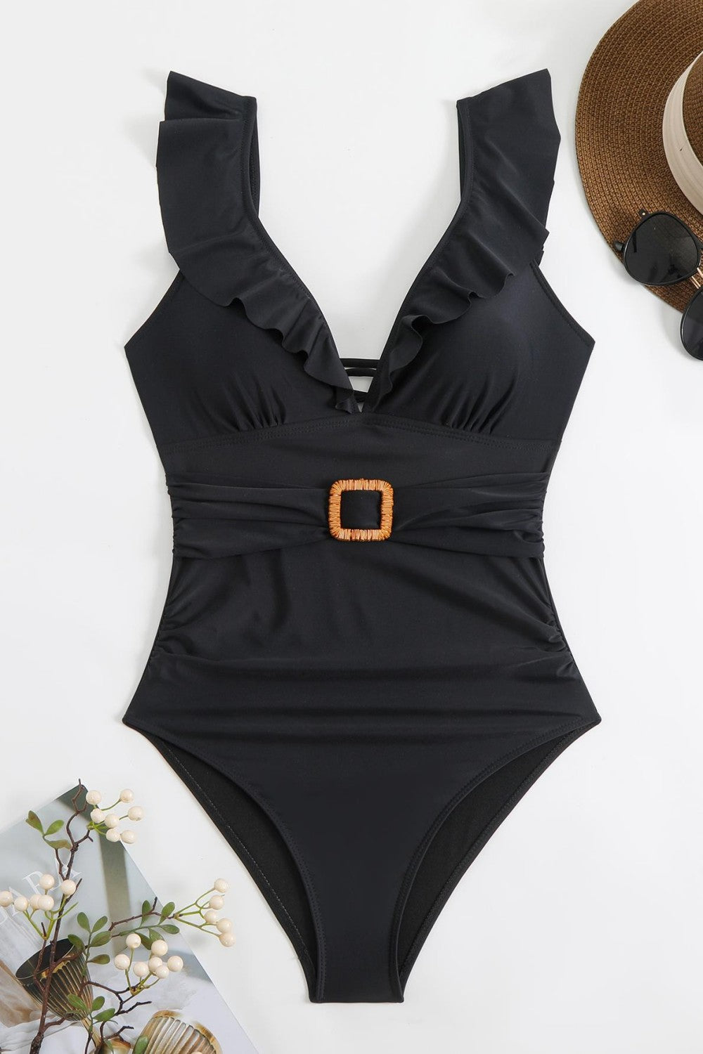 Vintage Deep V Ruffle Belted One Piece Swimsuit
