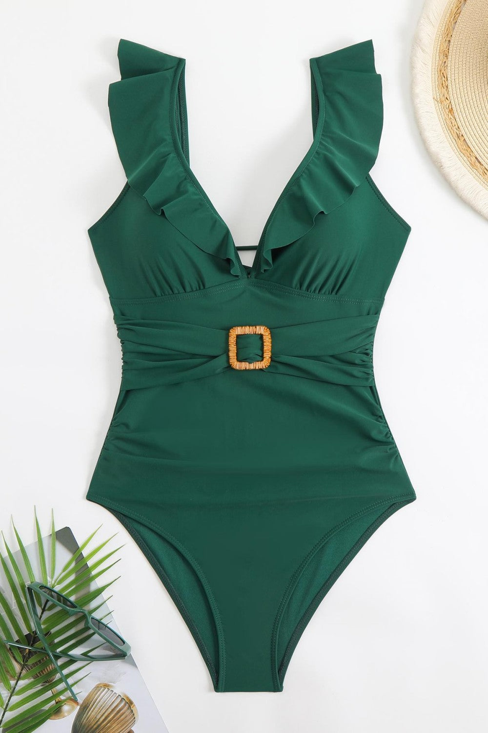 Vintage Deep V Ruffle Belted One Piece Swimsuit