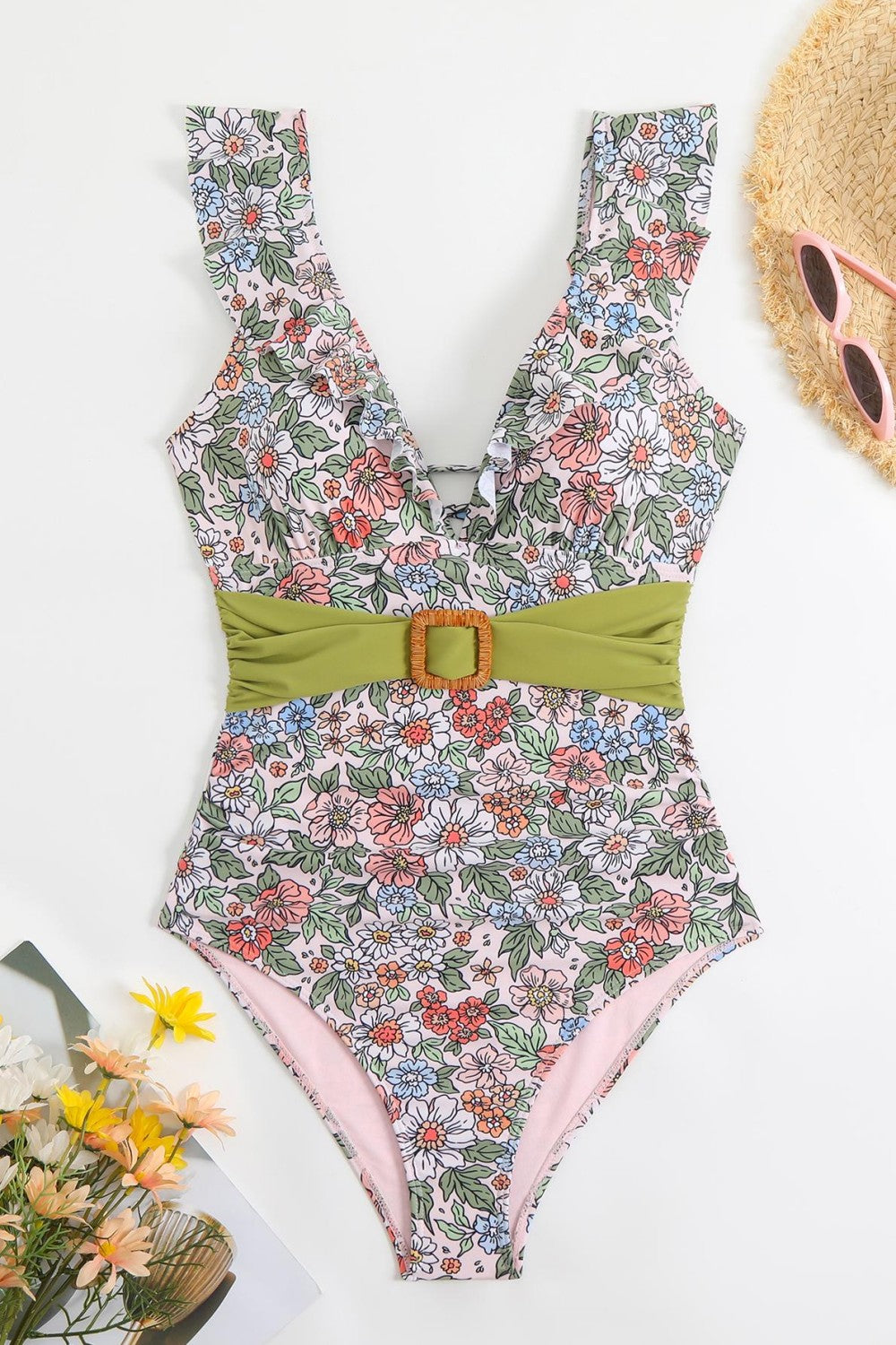 Vintage Deep V Ruffle Belted One Piece Swimsuit