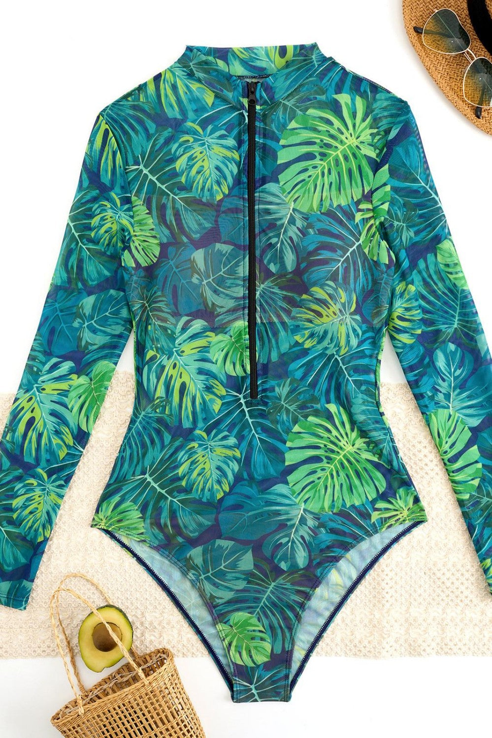 Vintage Print Zipper One-Piece Swimsuit