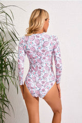 Rosa Surf-Badeanzug für Damen, langärmelig, mit Reißverschluss vorne, einteilig