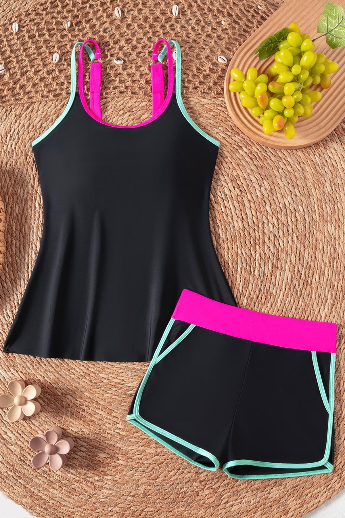 Contrast Trim Loose Fit Tankini Set Boy Shorts Swimsuit with Pockets