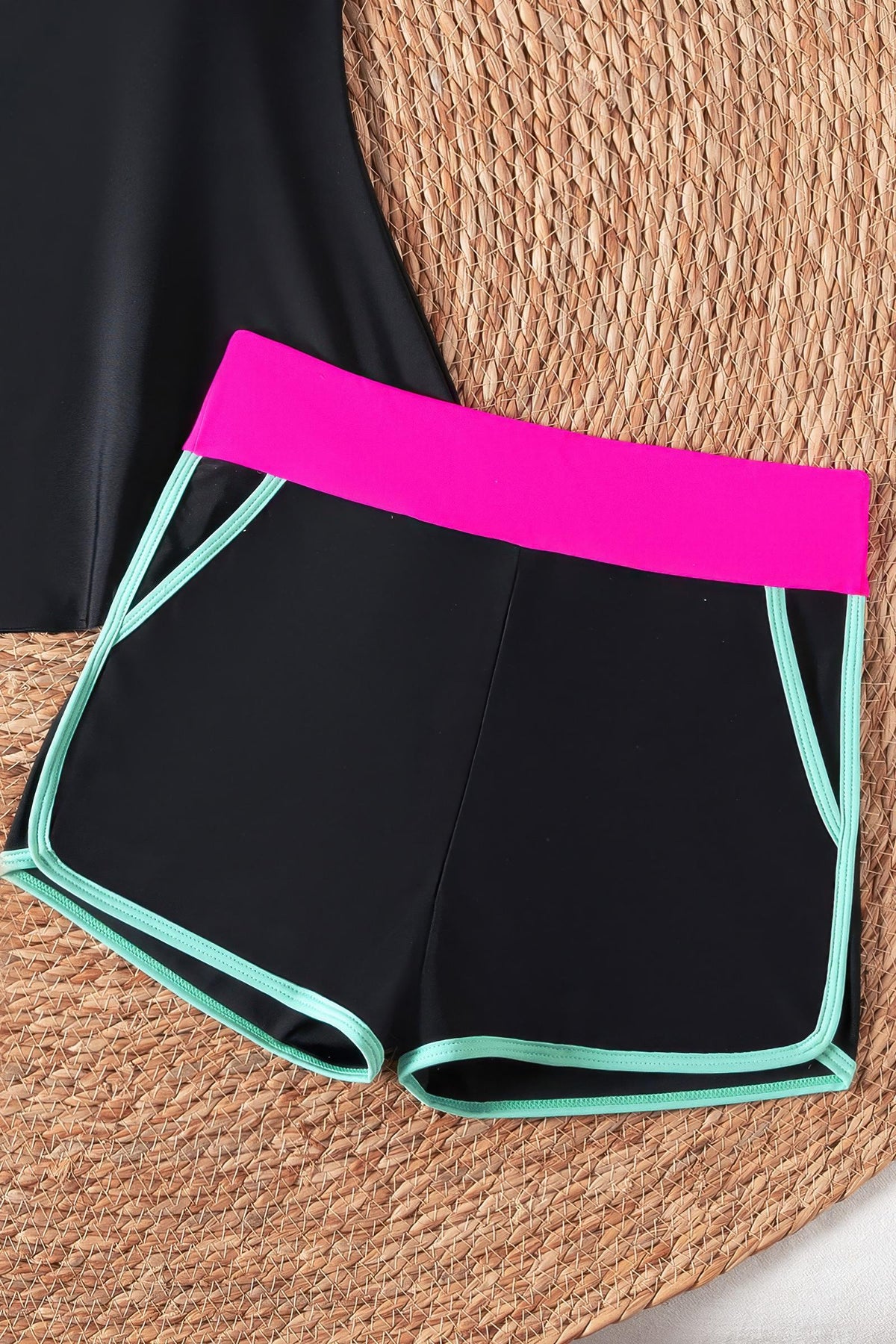 Contrast Trim Loose Fit Tankini Set Boy Shorts Swimsuit with Pockets