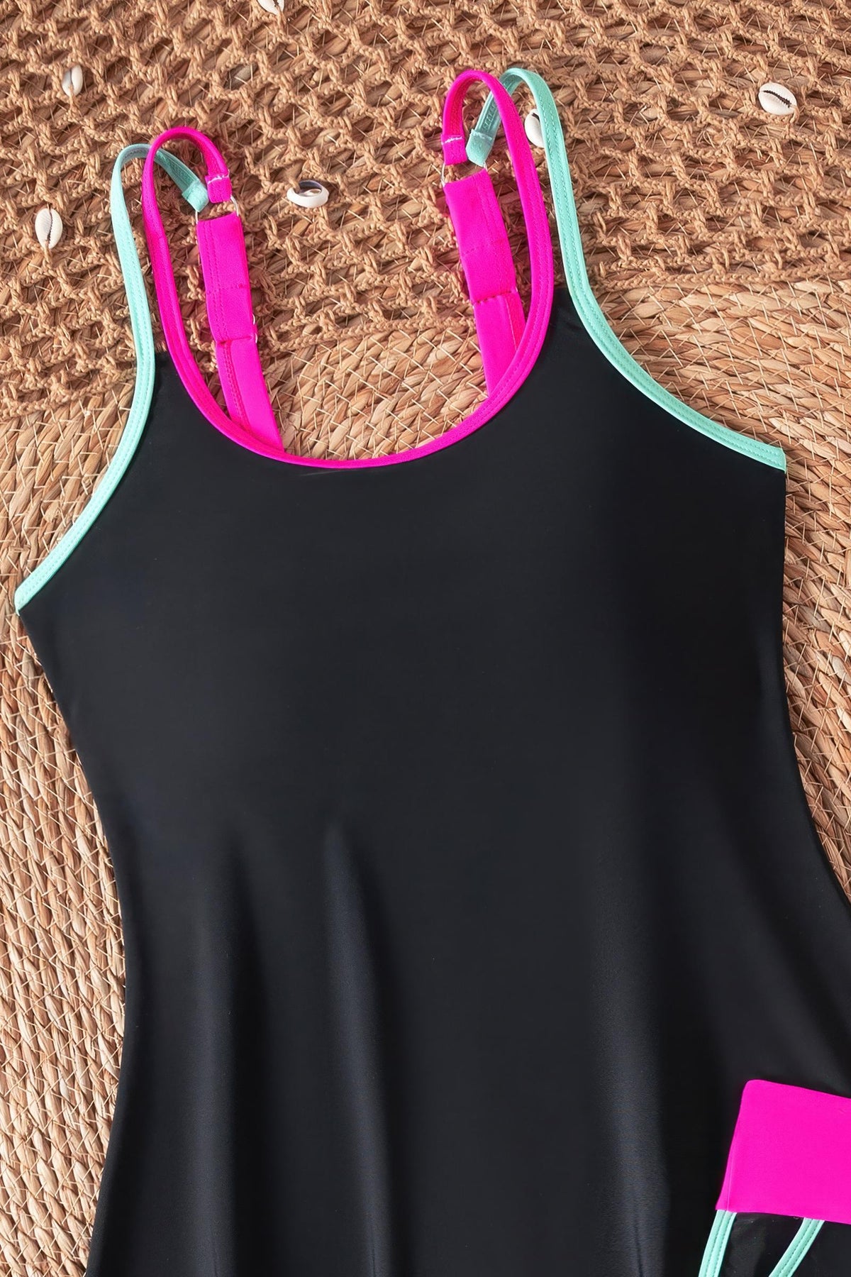 Contrast Trim Loose Fit Tankini Set Boy Shorts Swimsuit with Pockets