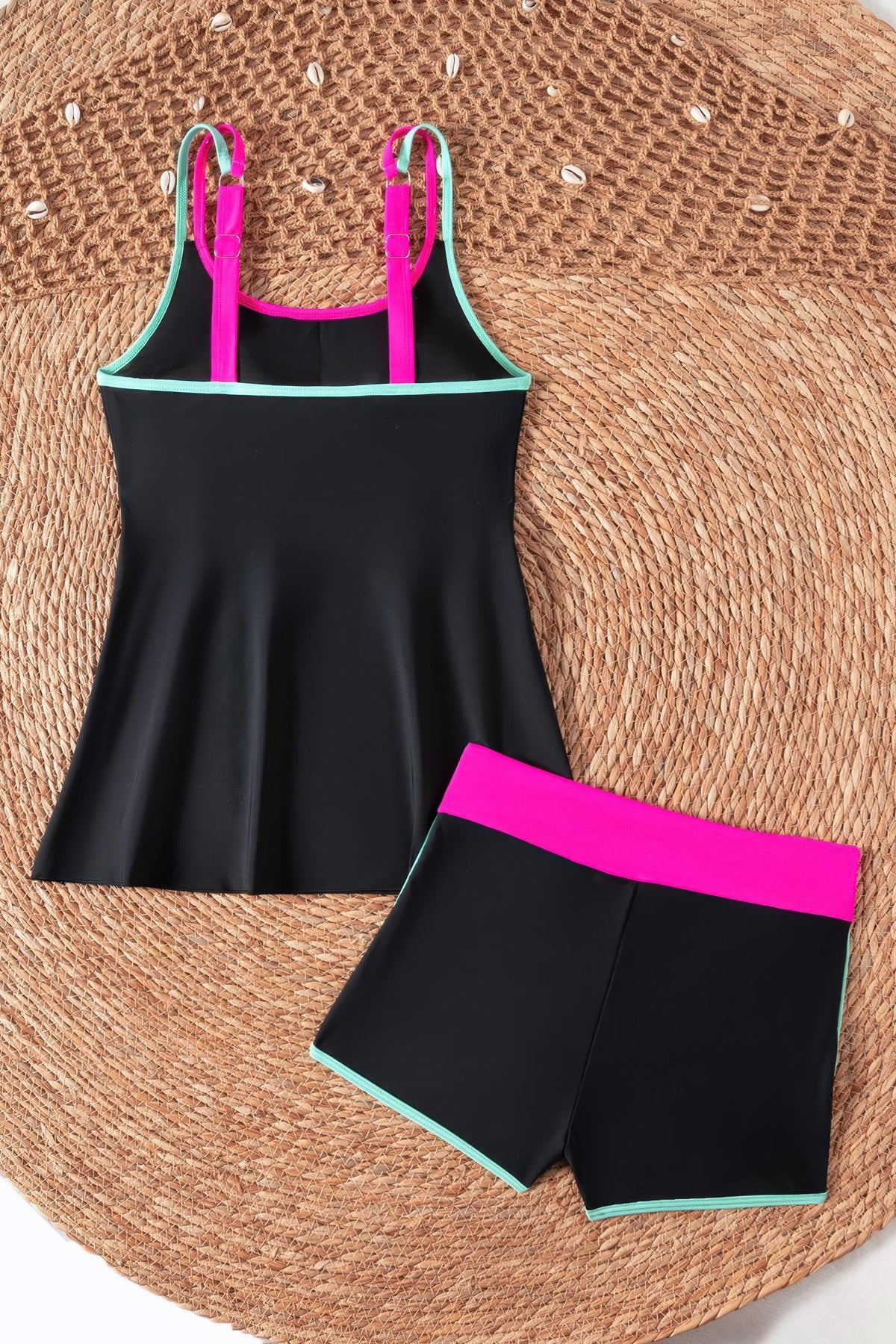 Contrast Trim Loose Fit Tankini Set Boy Shorts Swimsuit with Pockets
