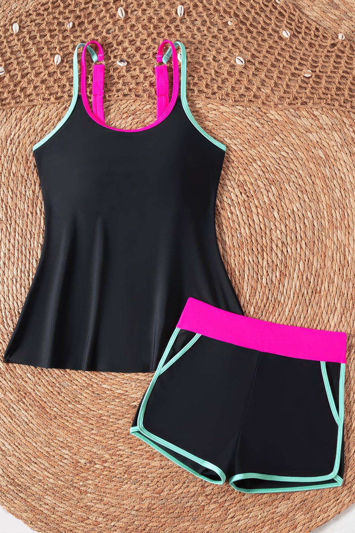 Contrast Trim Loose Fit Tankini Set Boy Shorts Swimsuit with Pockets