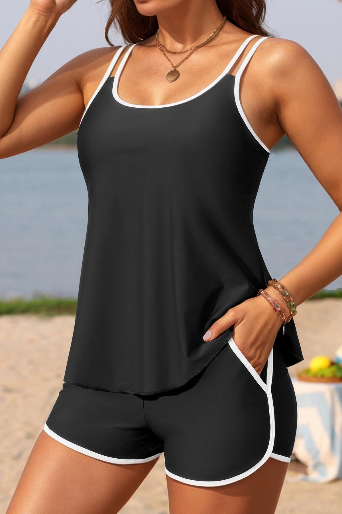 Contrast Trim Loose Fit Tankini Set Boy Shorts Swimsuit with Pockets Image principale du produit