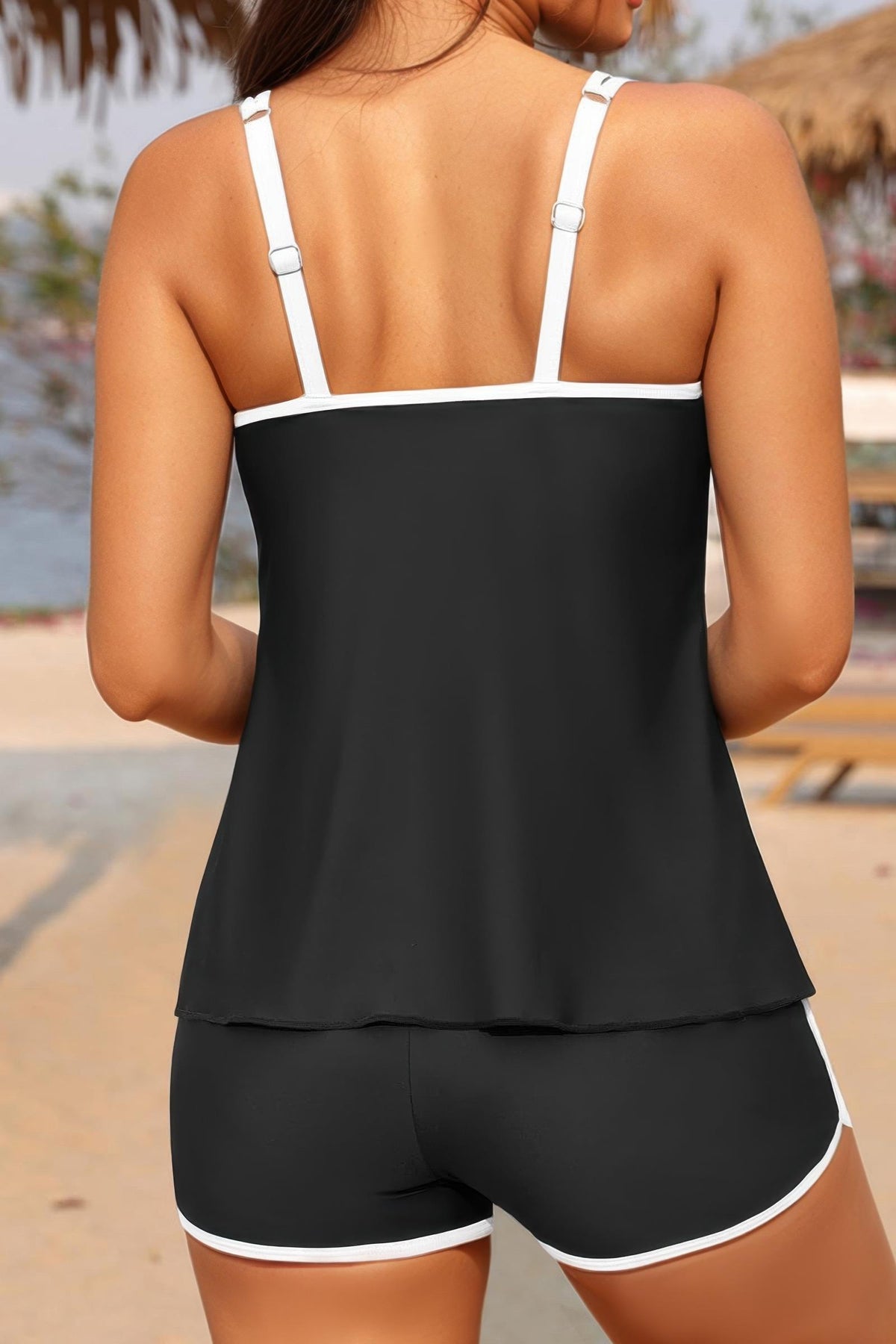 Contrast Trim Loose Fit Tankini Set Boy Shorts Swimsuit with Pockets