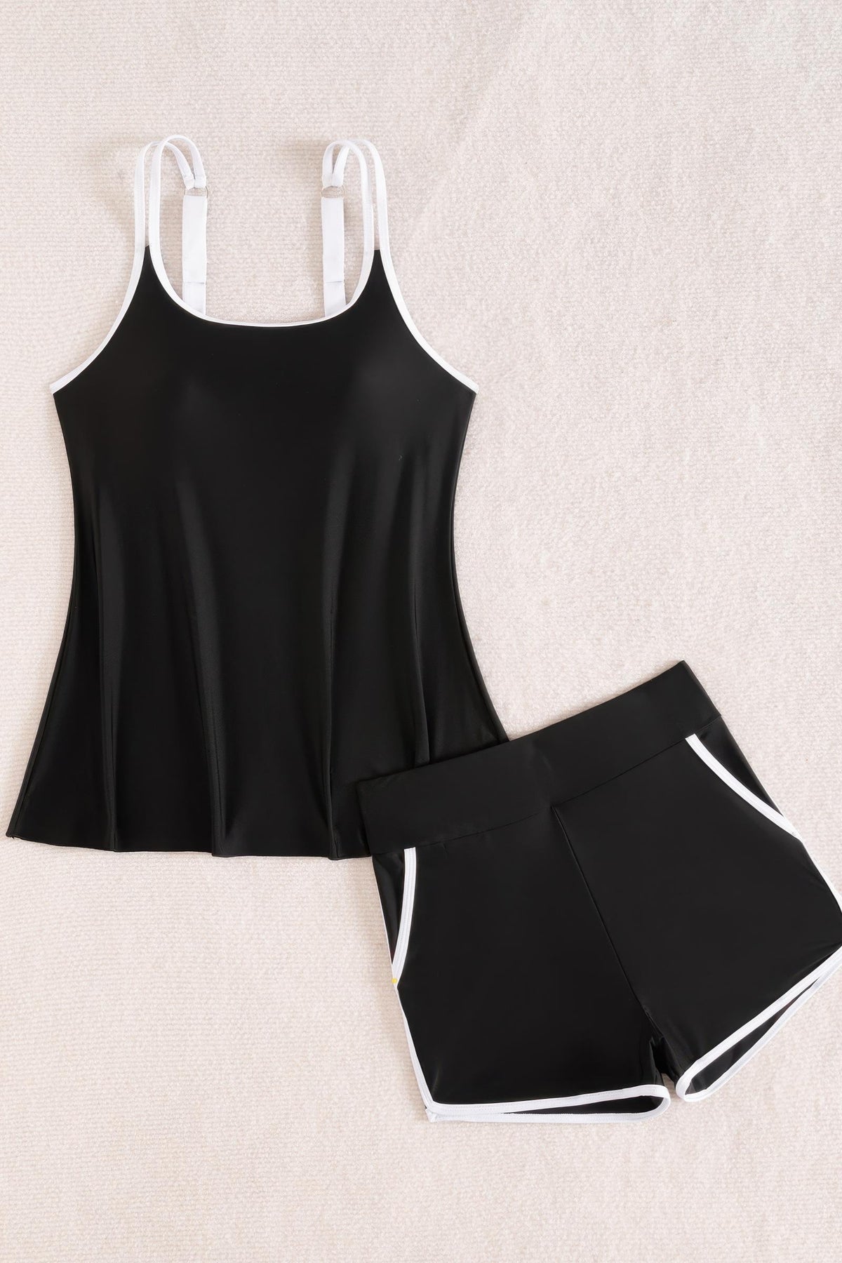 Contrast Trim Loose Fit Tankini Set Boy Shorts Swimsuit with Pockets
