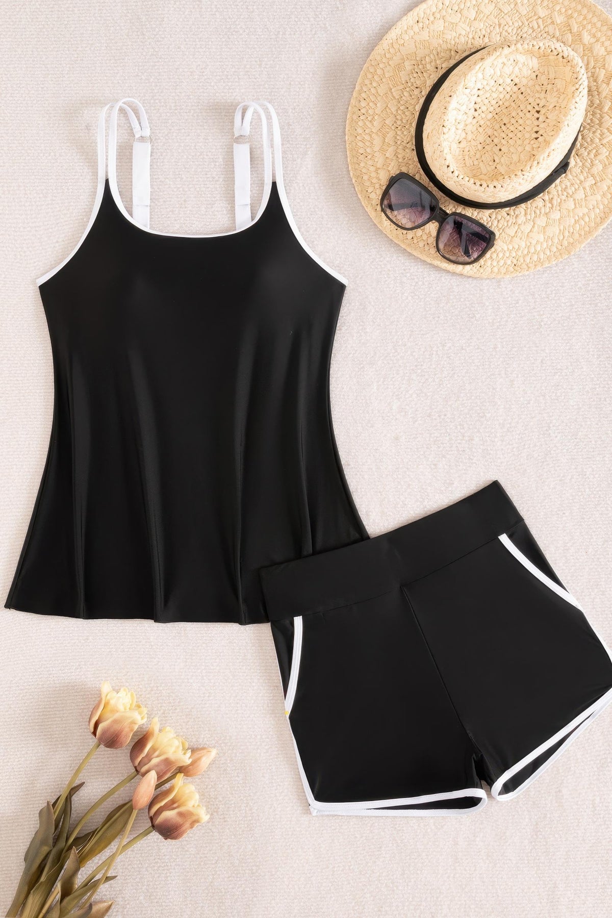 Contrast Trim Loose Fit Tankini Set Boy Shorts Swimsuit with Pockets
