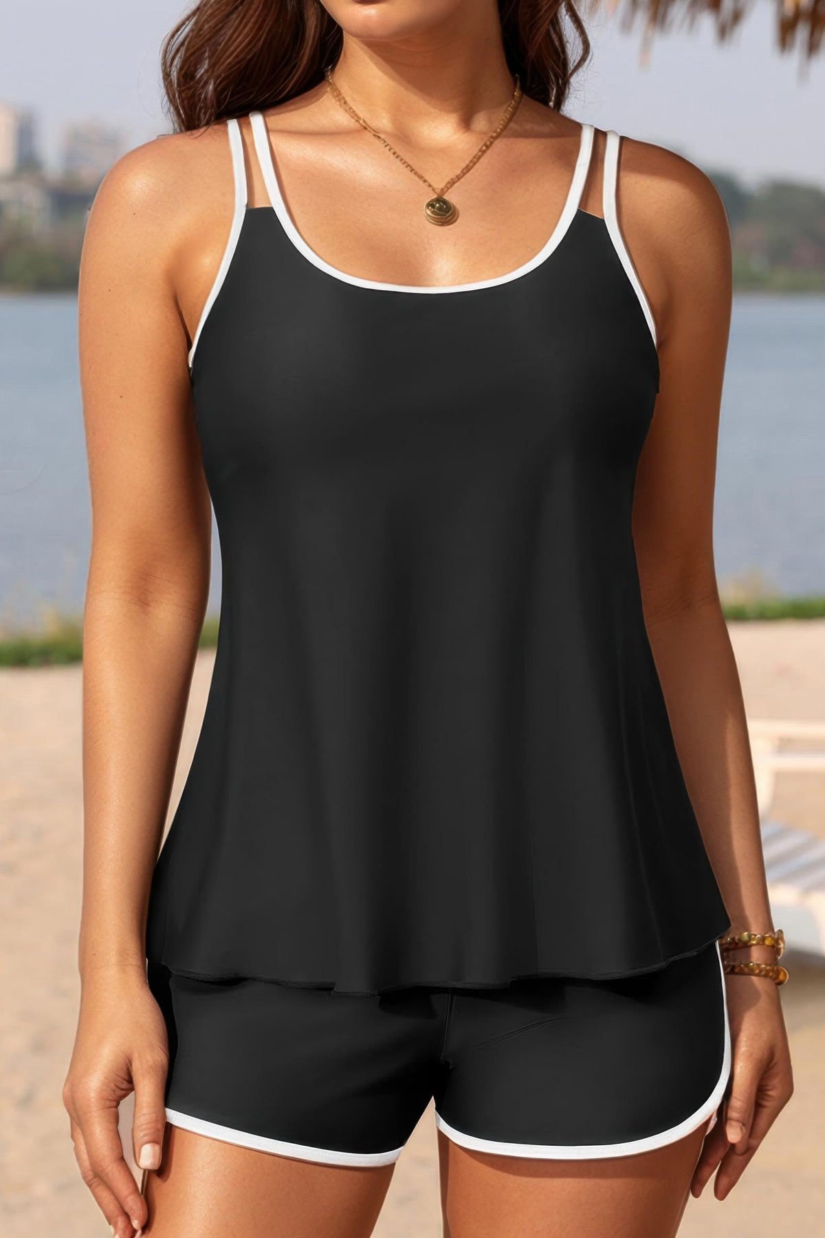Contrast Trim Loose Fit Tankini Set Boy Shorts Swimsuit with Pockets