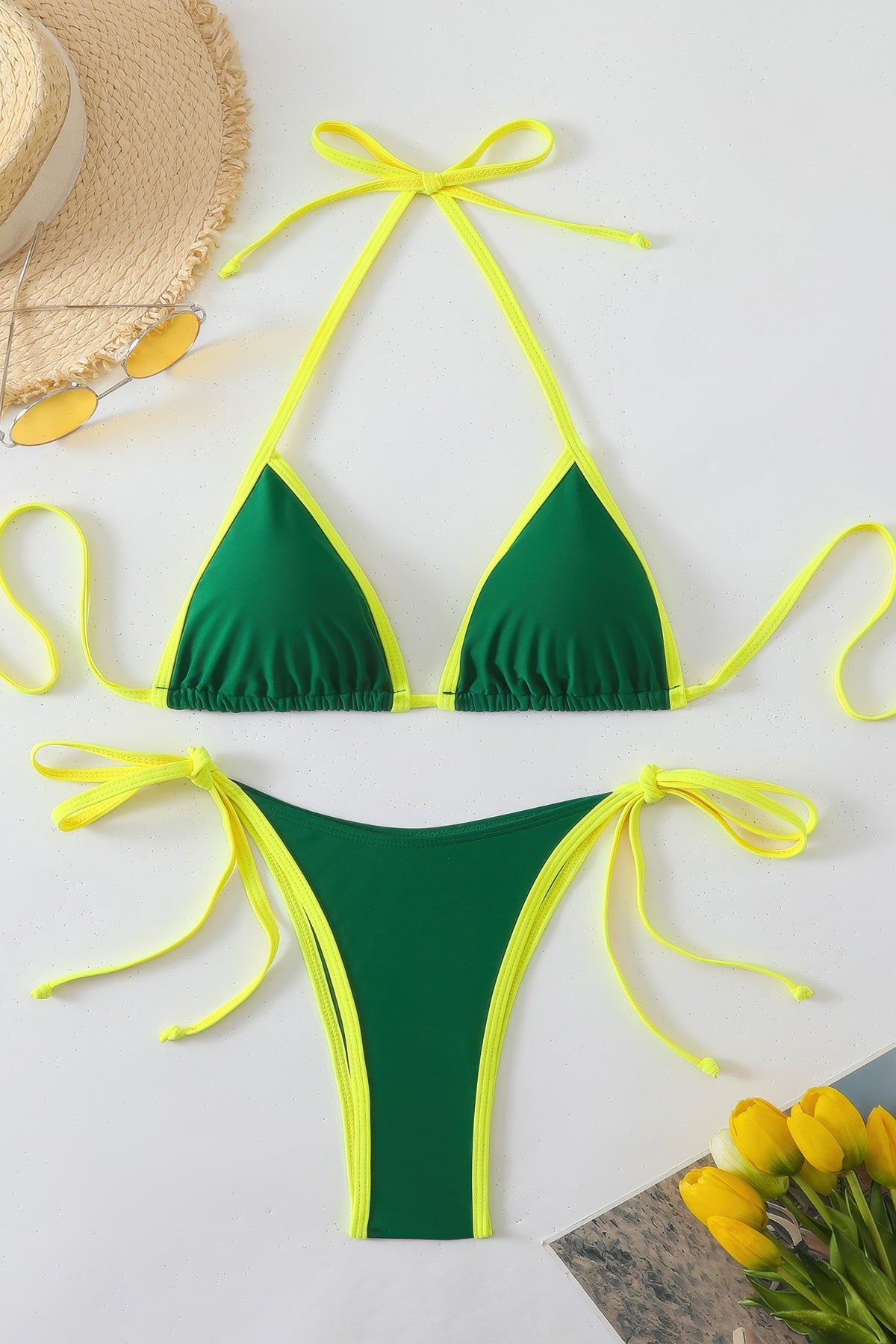 Contrast Trim Triangle Bikini Set Side Tie Two Piece Swimsuit