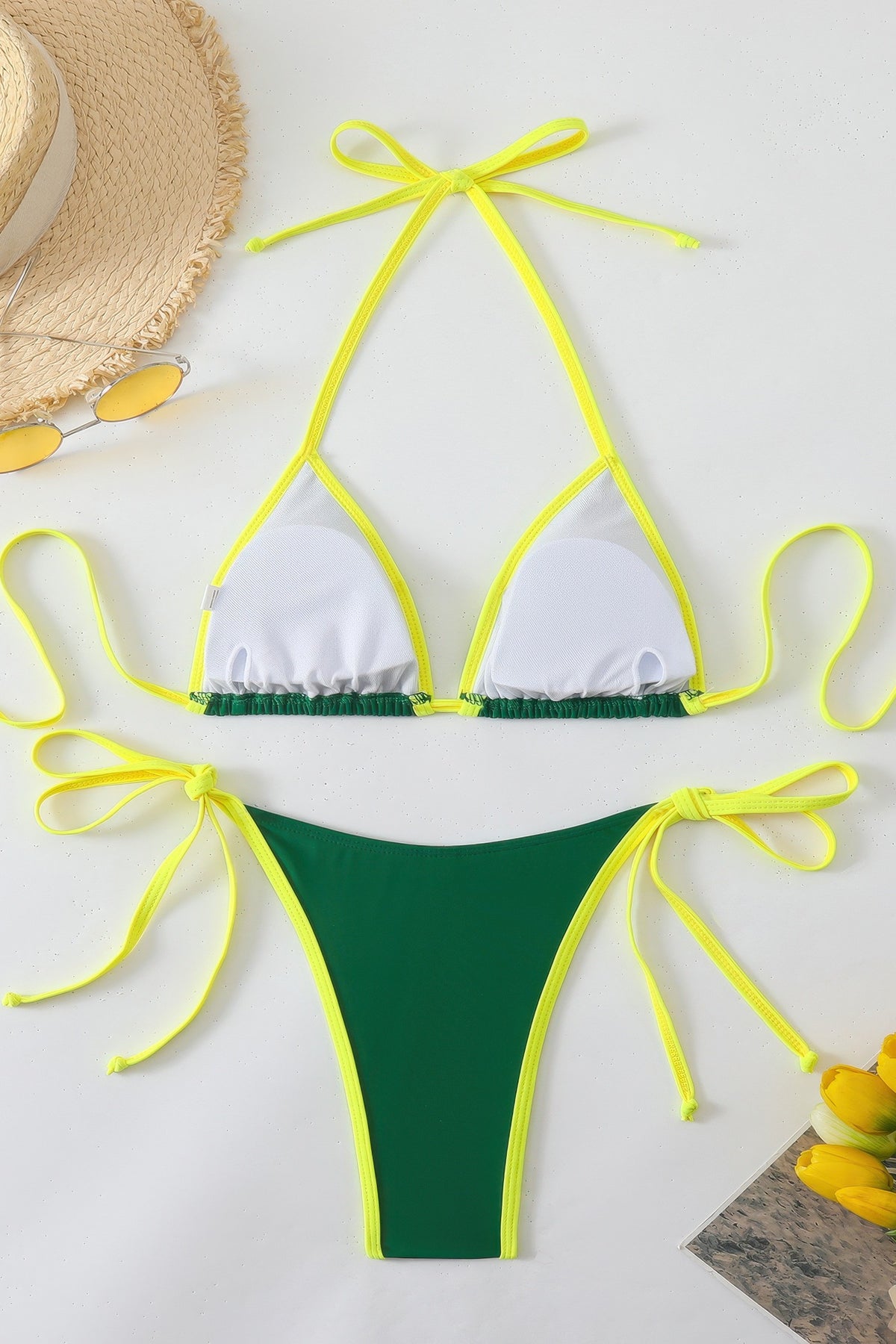 Contrast Trim Triangle Bikini Set Side Tie Two Piece Swimsuit