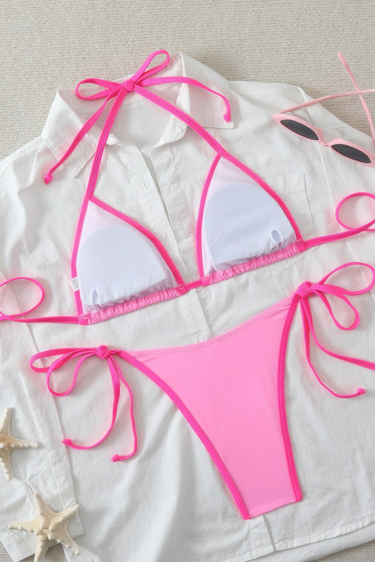 Contrast Trim Triangle Bikini Set Side Tie Two Piece Swimsuit