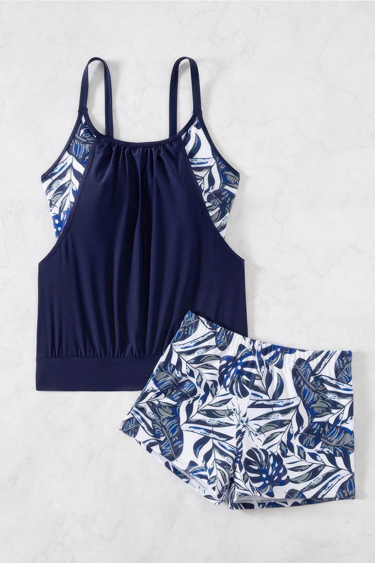 Floral Print Blouson Tankini Set Loose Fit Boy Shorts Two Piece Swimsuit