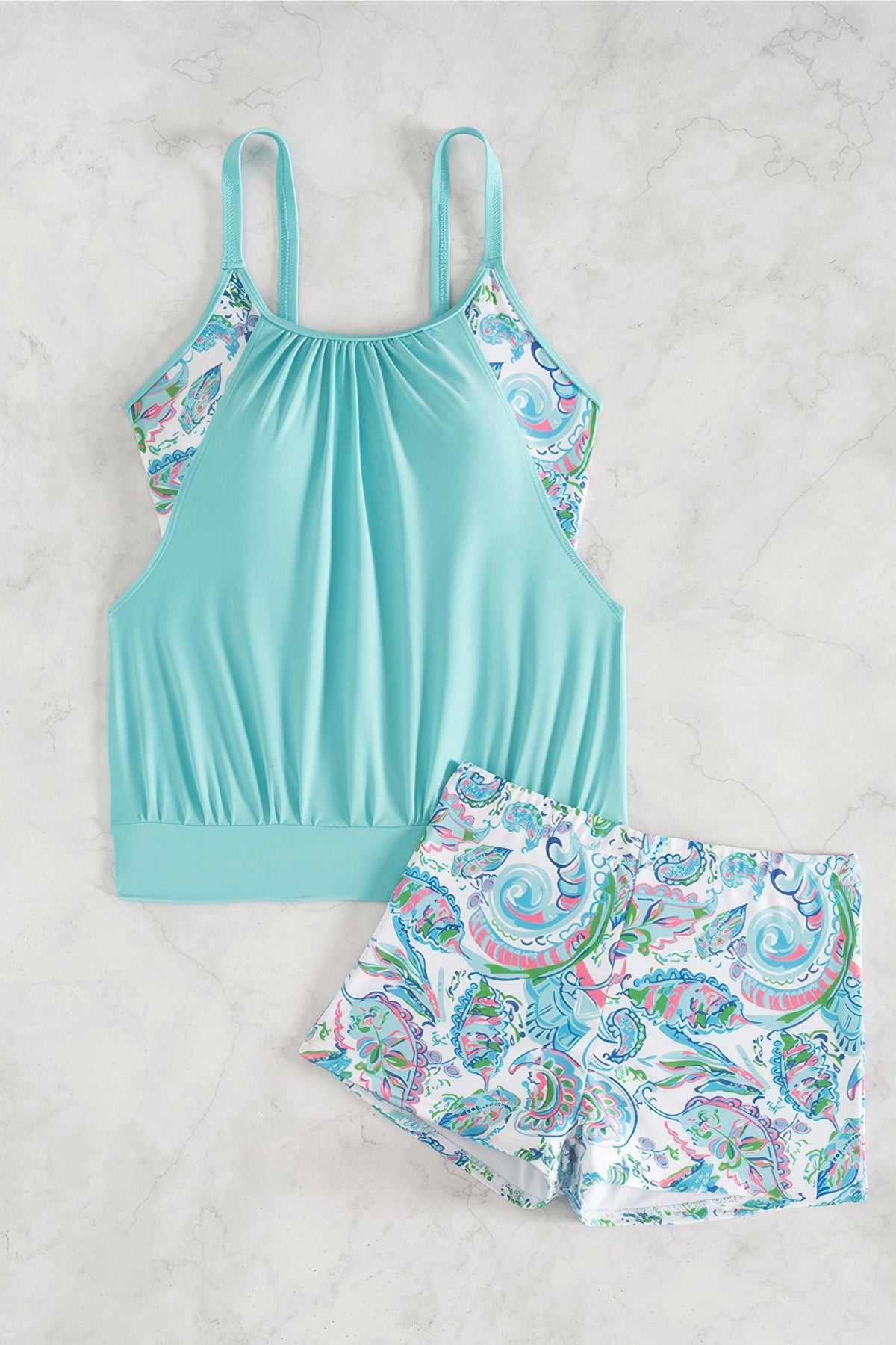 Floral Print Blouson Tankini Set Loose Fit Boy Shorts Two Piece Swimsuit