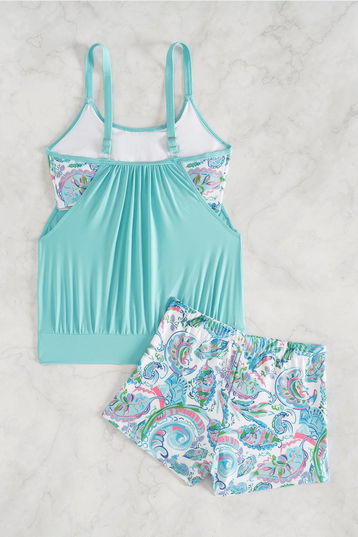 Floral Print Blouson Tankini Set Loose Fit Boy Shorts Two Piece Swimsuit