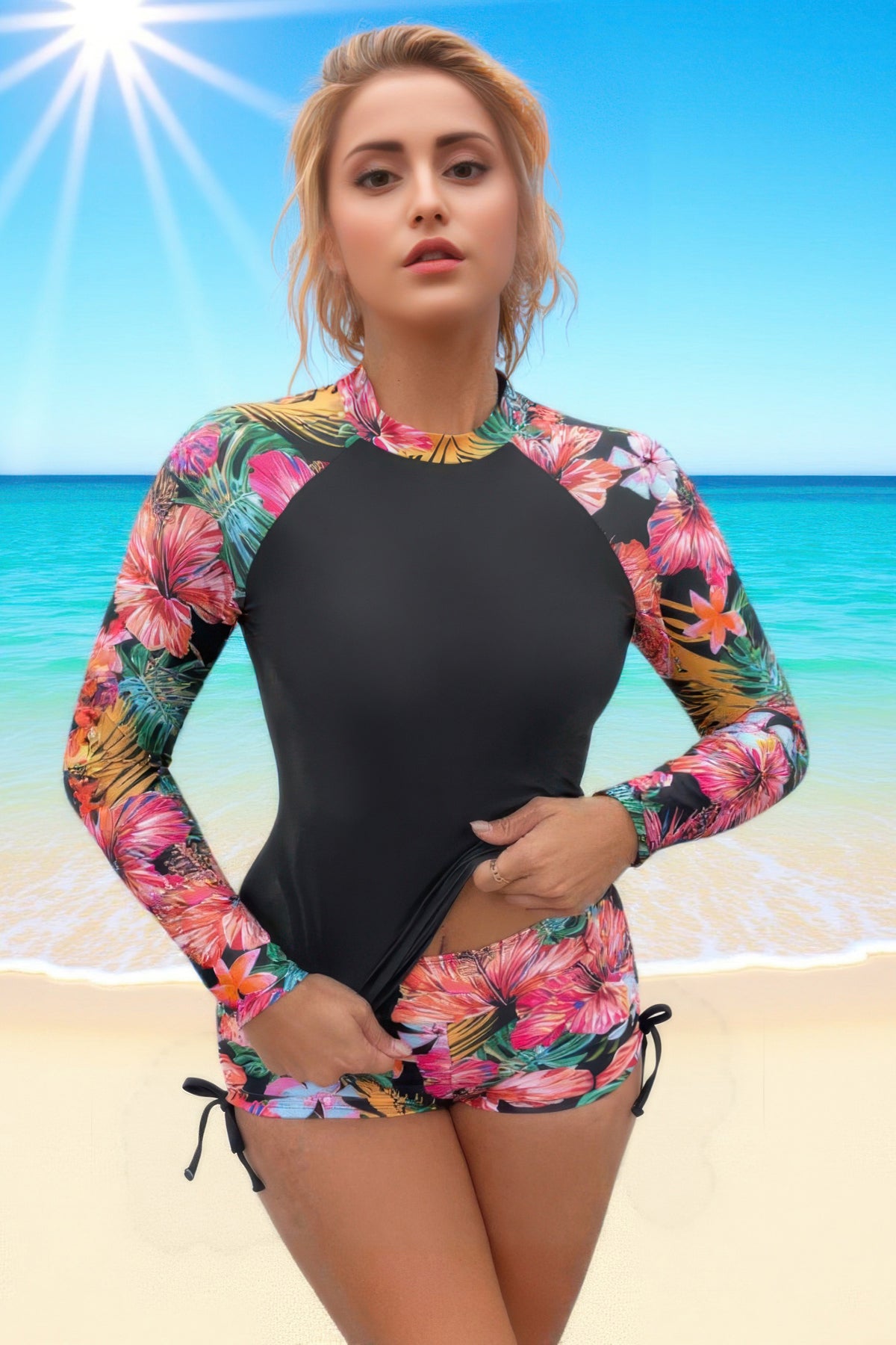 Floral Print Long Sleeve Rash Guard Tankini Set Boy Shorts Two Piece Swimsuit