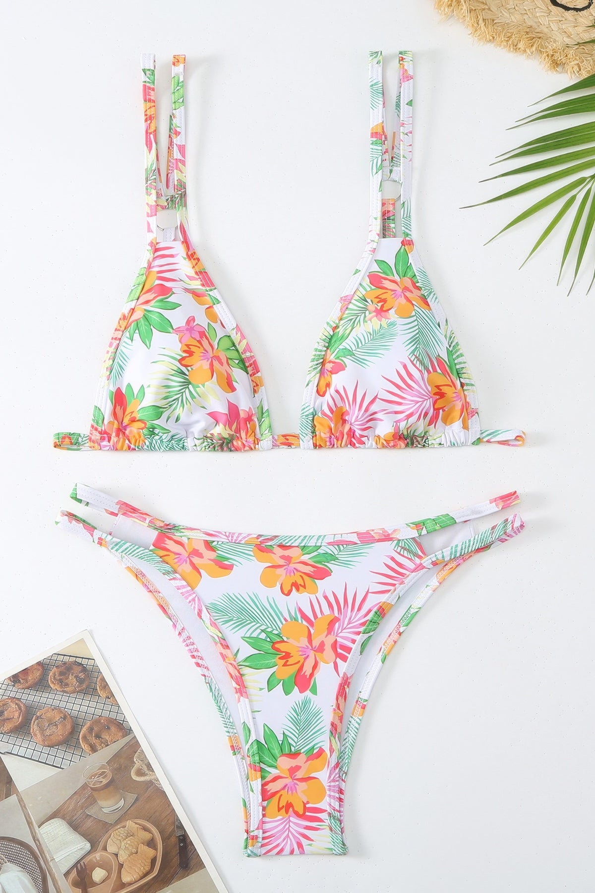 Floral Print Triangle Bikini Set High Cut Double Strap Two Piece Swimsuit