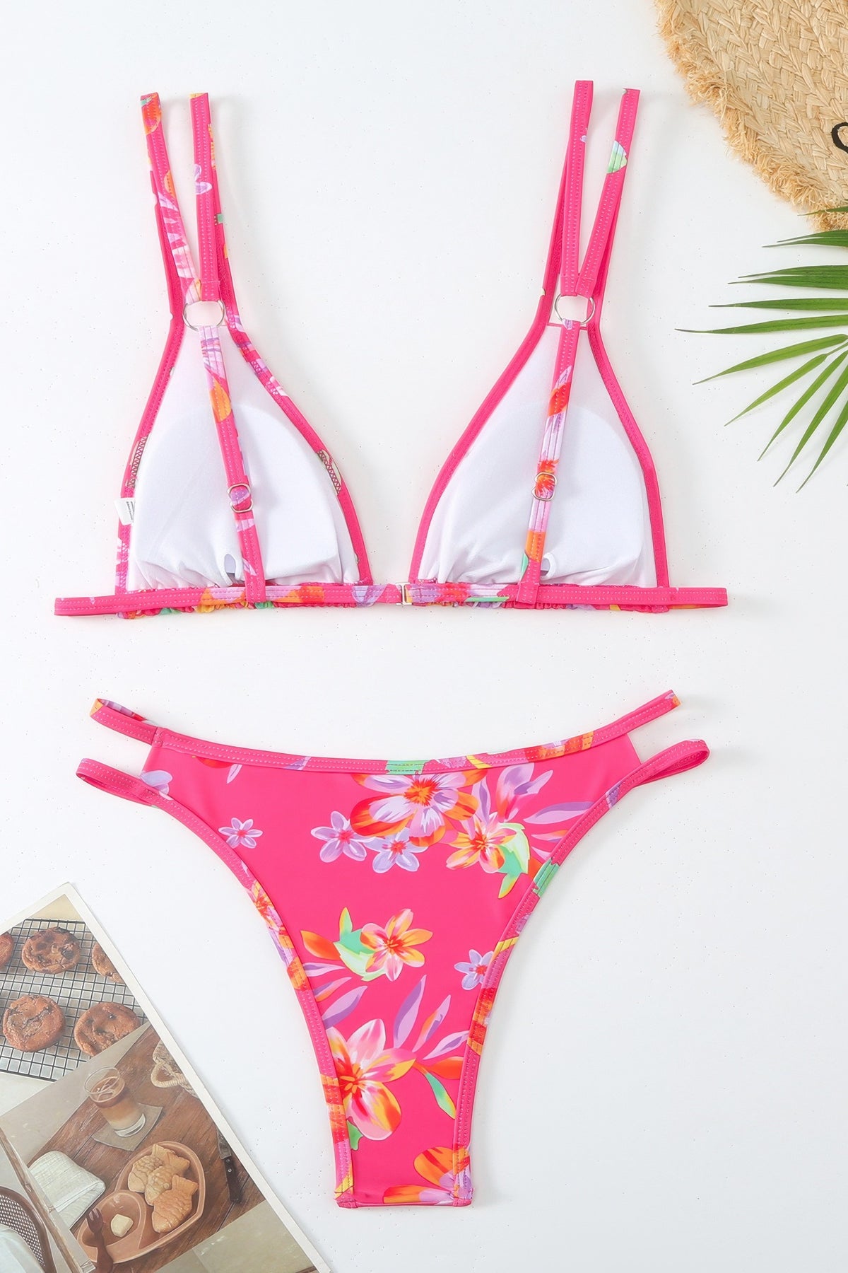 Floral Print Triangle Bikini Set High Cut Double Strap Two Piece Swimsuit