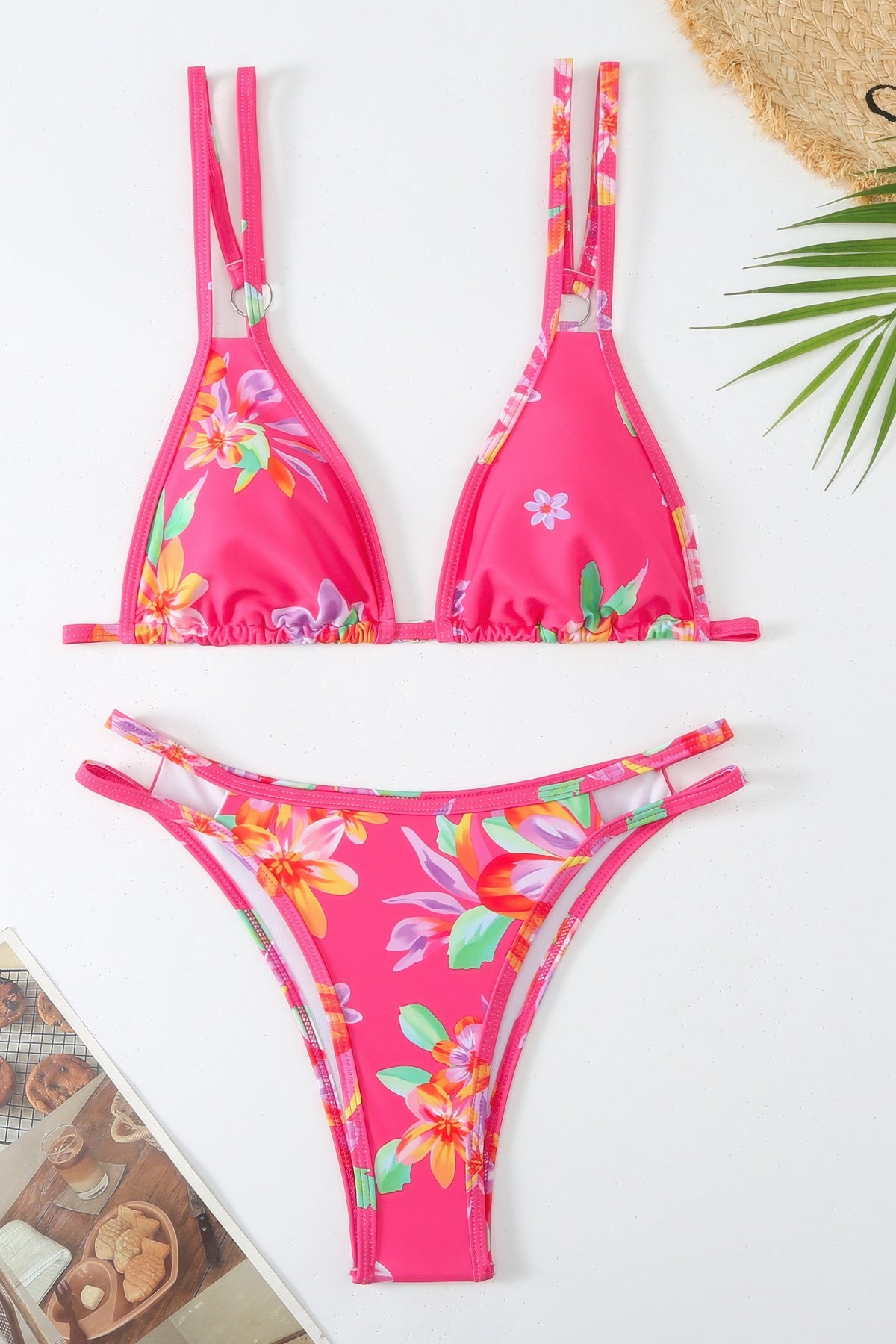 Floral Print Triangle Bikini Set High Cut Double Strap Two Piece Swimsuit