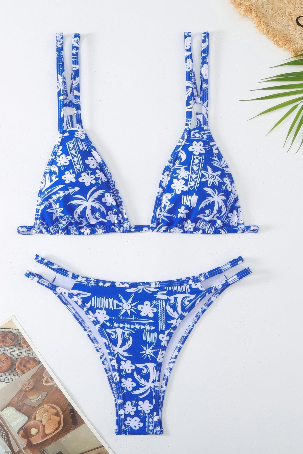 Floral Print Triangle Bikini Set High Cut Double Strap Two Piece Swimsuit