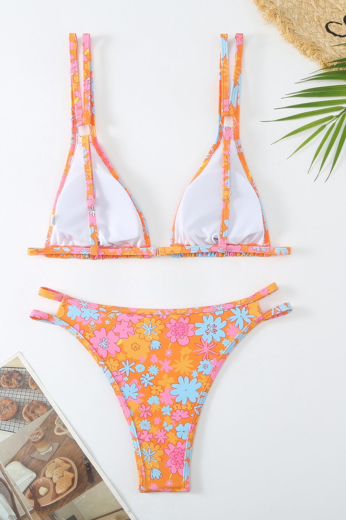 Floral Print Triangle Bikini Set High Cut Double Strap Two Piece Swimsuit
