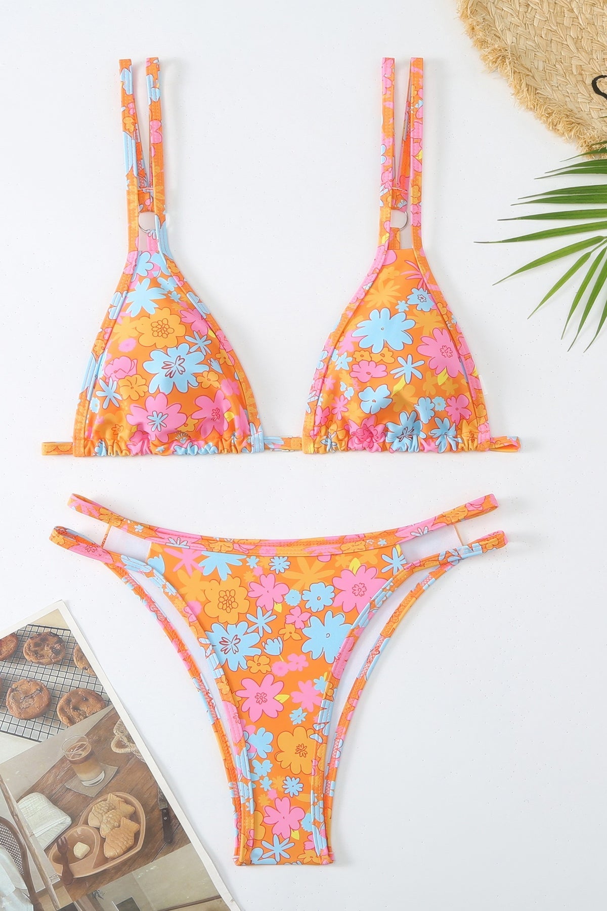 Floral Print Triangle Bikini Set High Cut Double Strap Two Piece Swimsuit