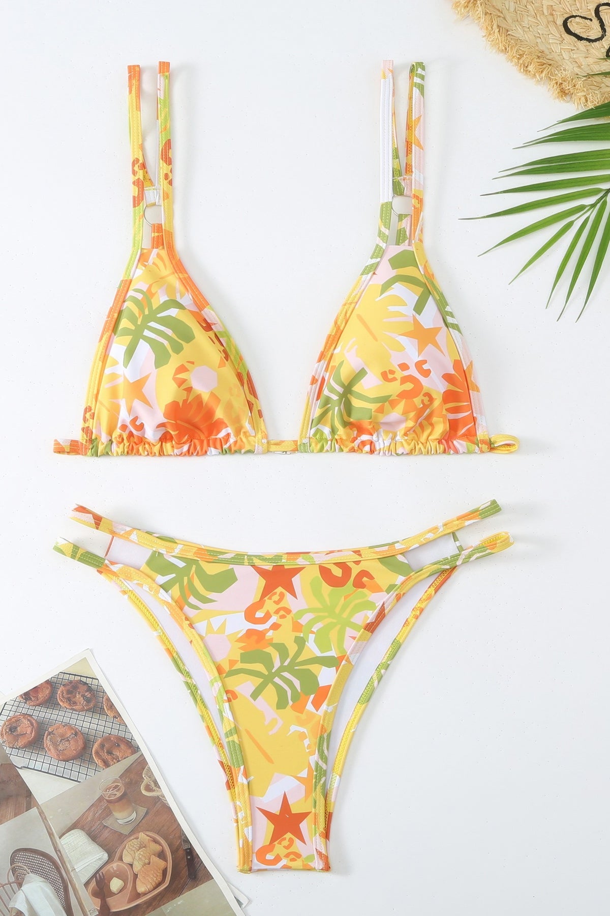Floral Print Triangle Bikini Set High Cut Double Strap Two Piece Swimsuit